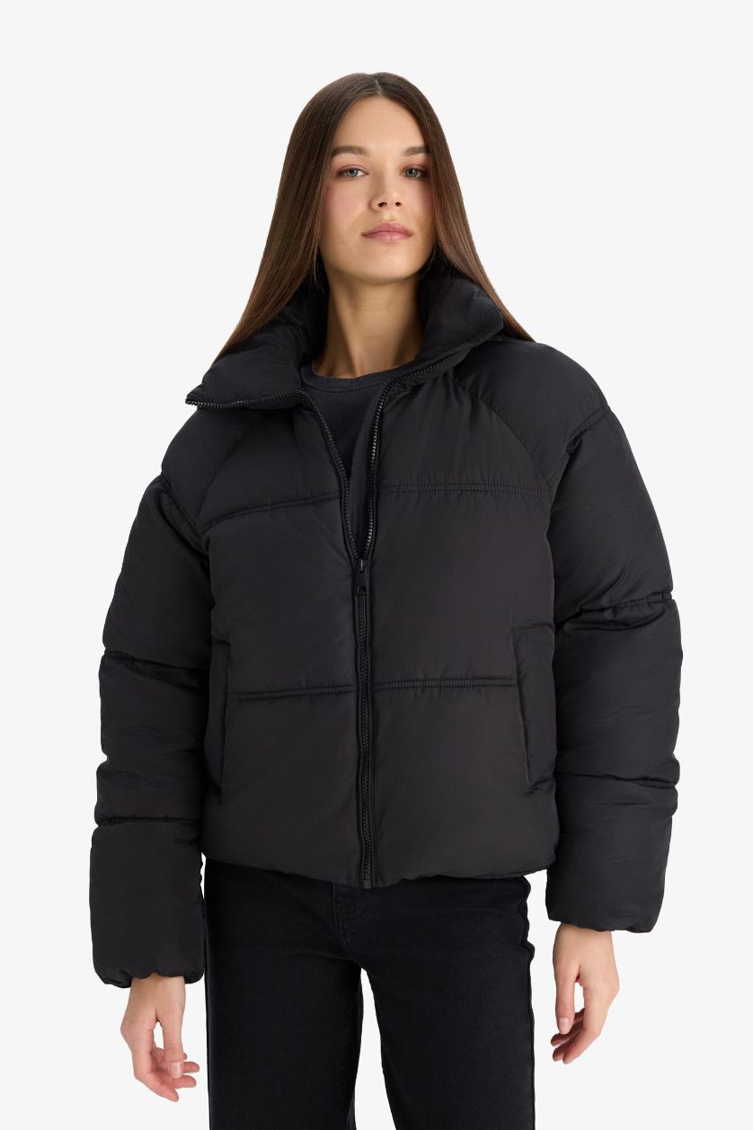 FEMME Noir Doudoune imperméable zippée à col montant Coupe régulière
