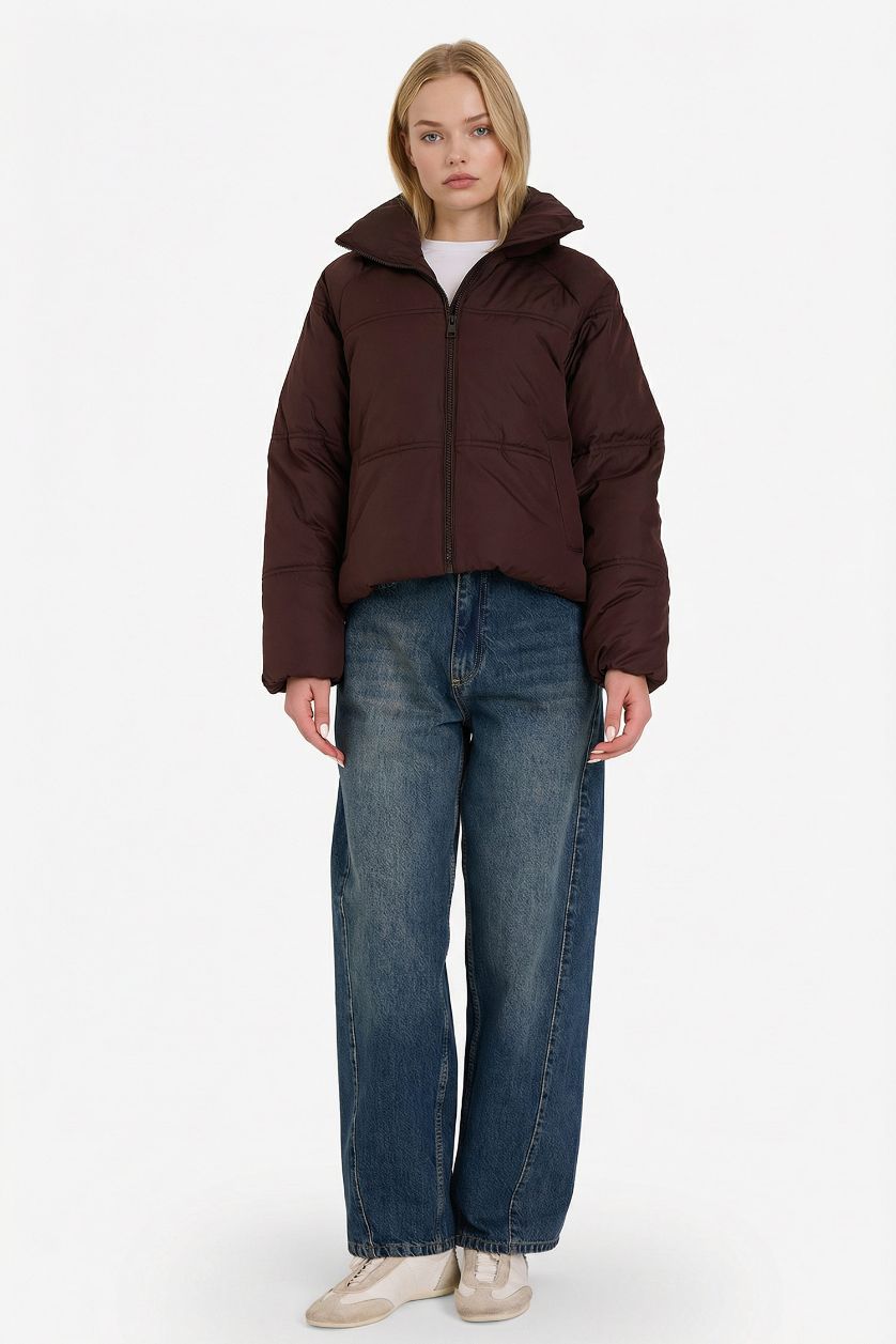 Kadın Kahve Su Geçirmez Regular Fit Dik Yaka Fermuarlı Şişme Mont