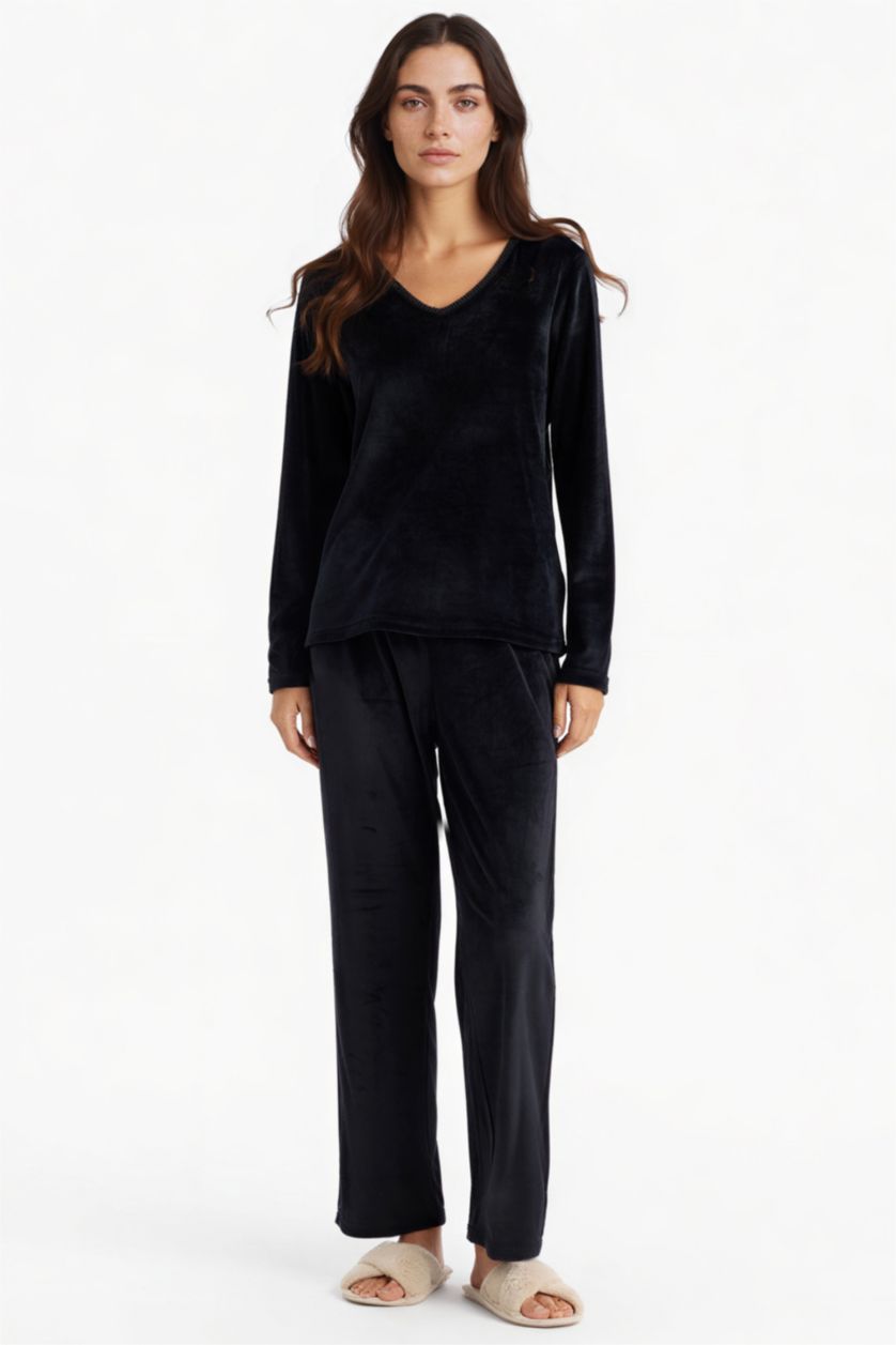 Kadın Siyah Pijama Takımı Regular Fit Uzun Kollu Velur Üst Uzun Alt