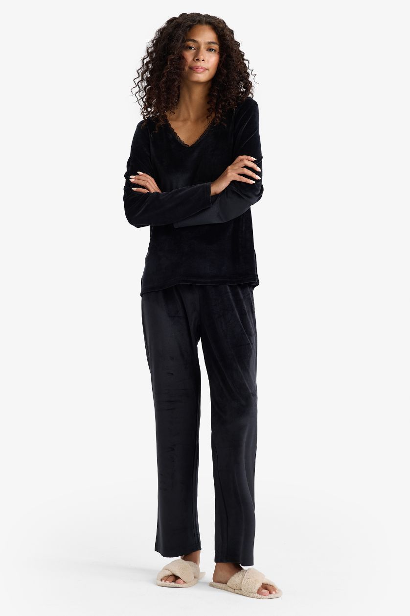 Kadın Siyah Pijama Takımı Regular Fit Uzun Kollu Velur Üst Uzun Alt