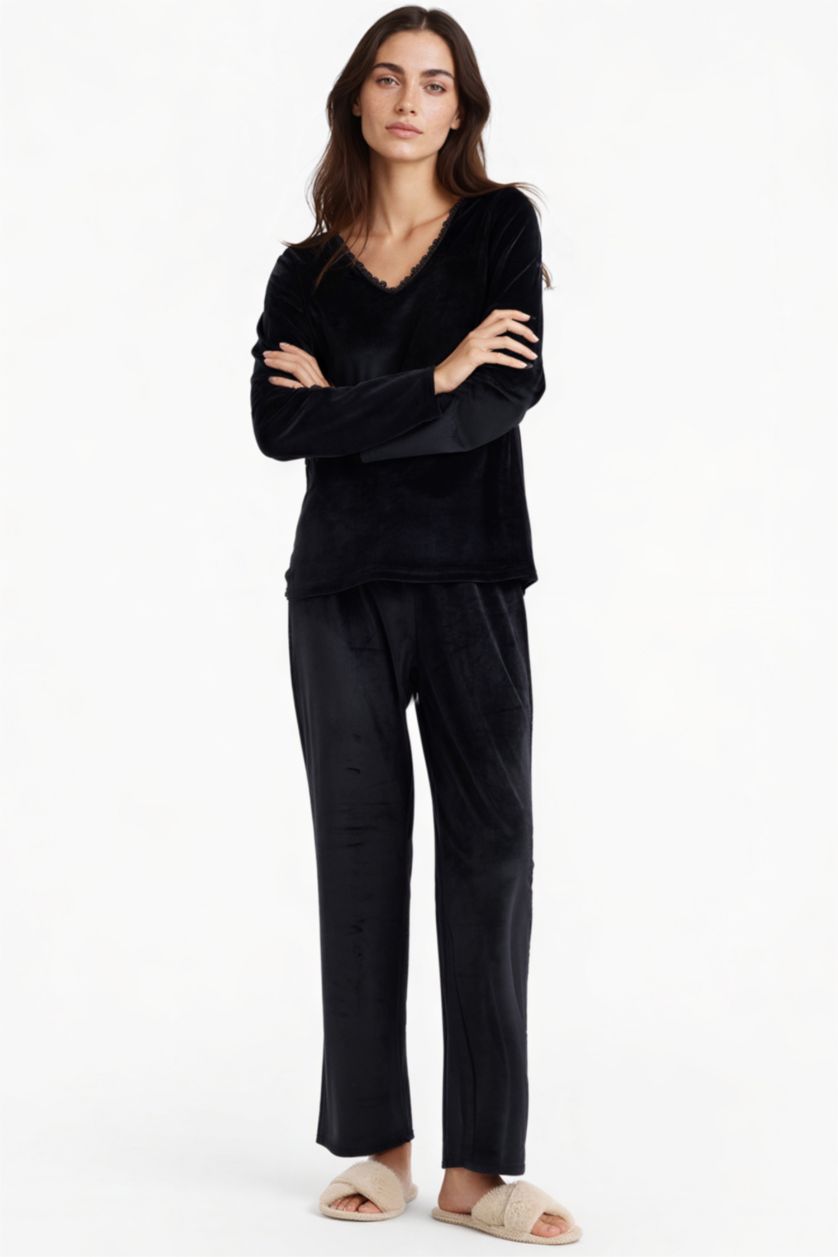 Kadın Siyah Pijama Takımı Regular Fit Uzun Kollu Velur Üst Uzun Alt