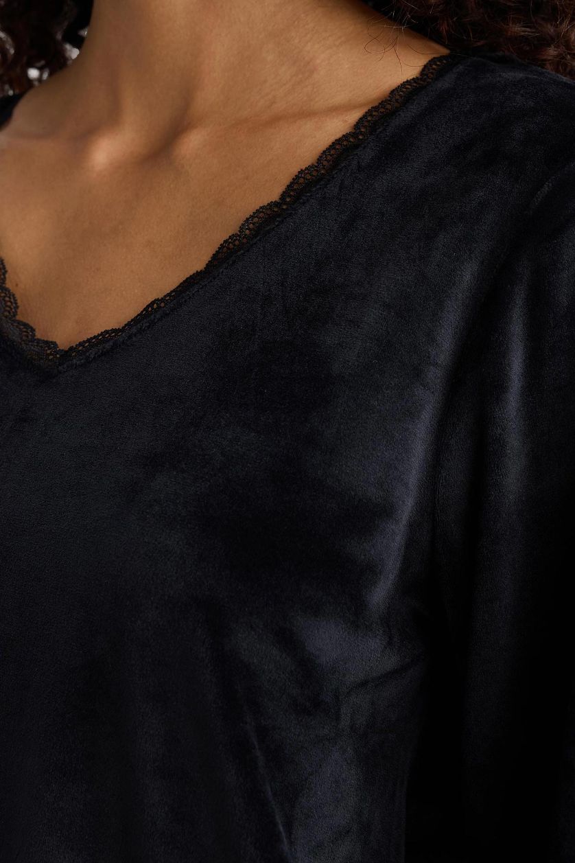 Kadın Siyah Pijama Takımı Regular Fit Uzun Kollu Velur Üst Uzun Alt