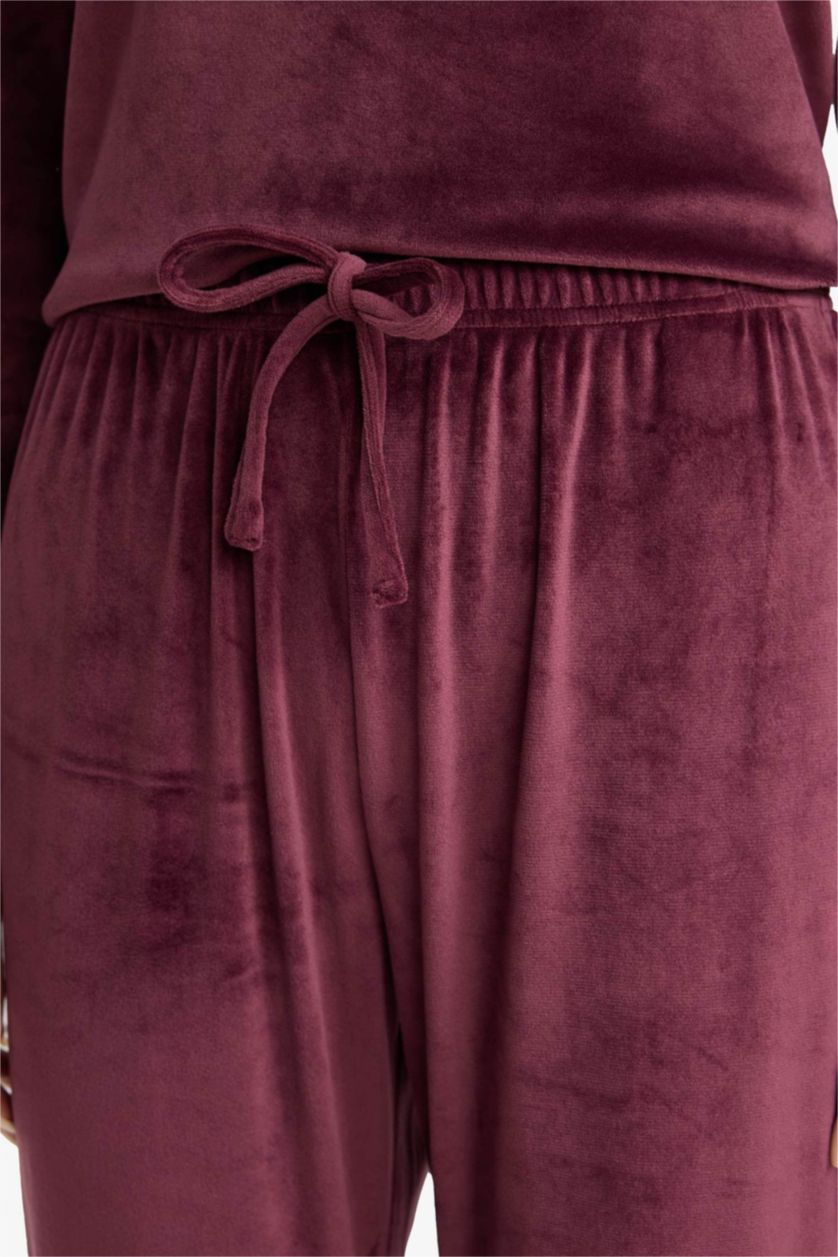 Kadın Bordo Pijama Takımı Regular Fit Uzun Kollu Velur Üst Uzun Alt