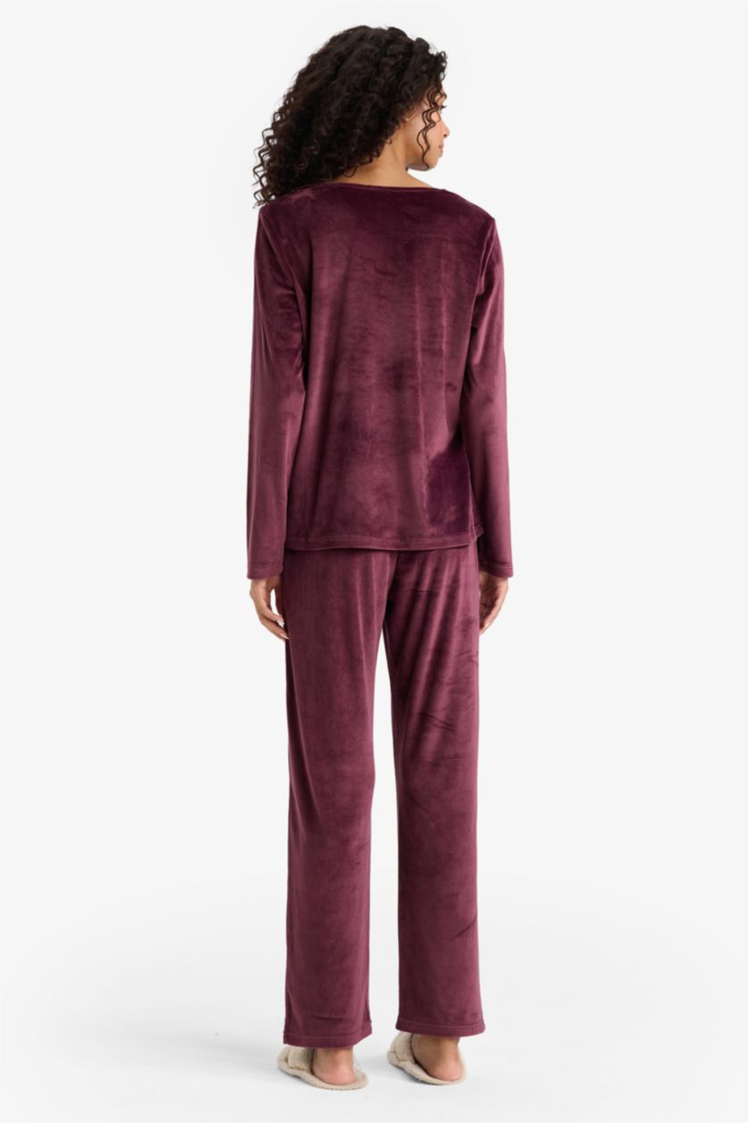 Kadın Bordo Pijama Takımı Regular Fit Uzun Kollu Velur Üst Uzun Alt