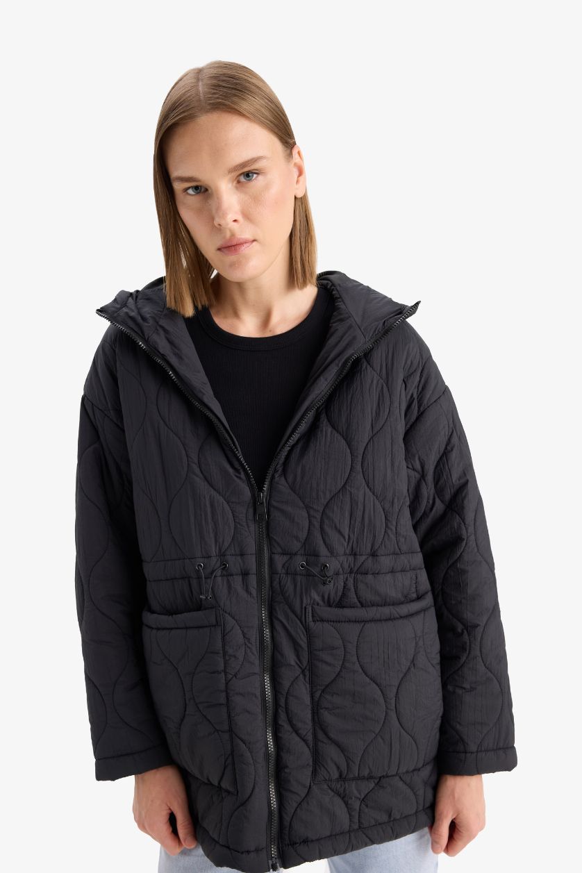 حريمي أسود جاكيت وتر بروف مبطن قصة عادية بكابيشون