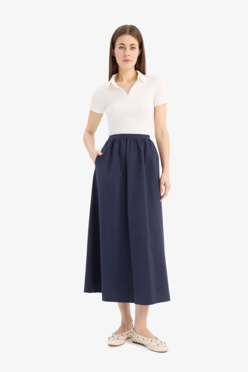 Kadın Lacivert A Kesim Normal Bel Yarım Astar Poplin Midi Etek