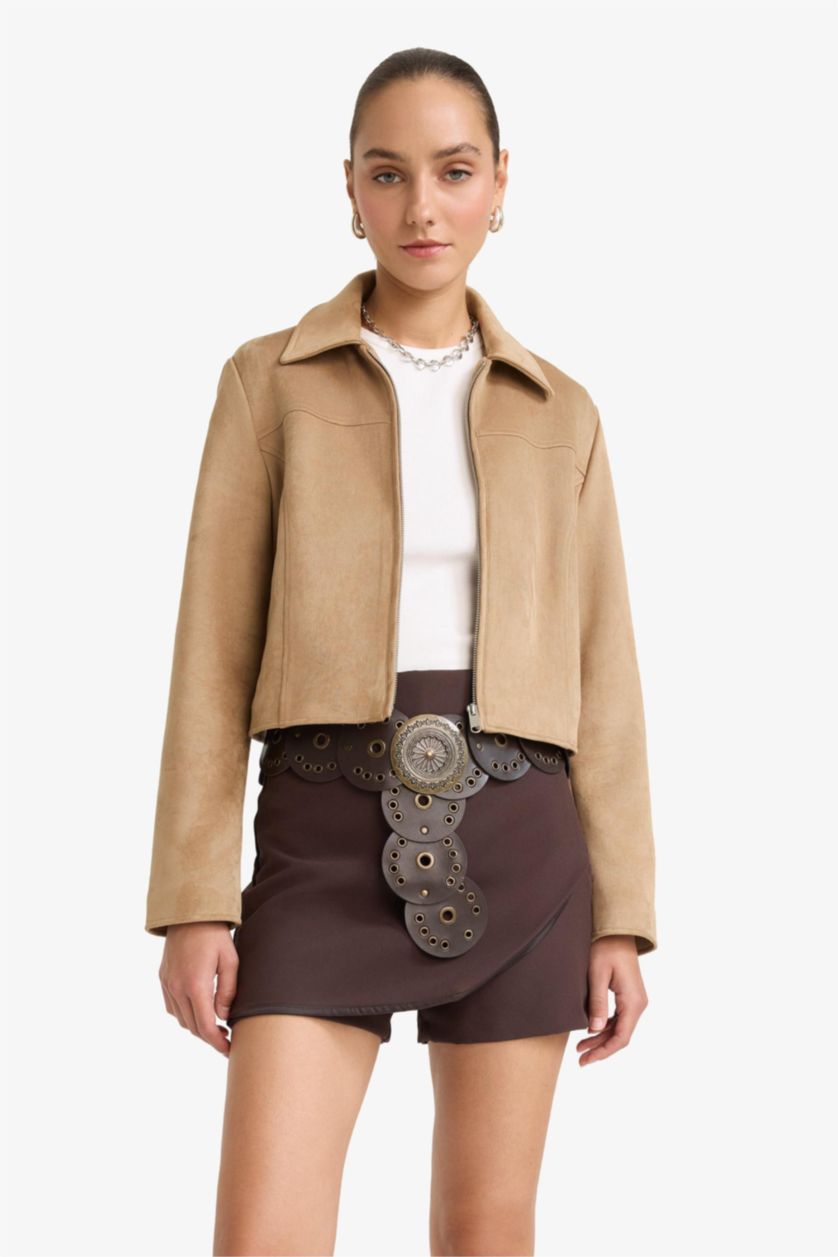 WOMAN Beige Waterproof Regular Fit Polo Neck Zippered Suede Jacket