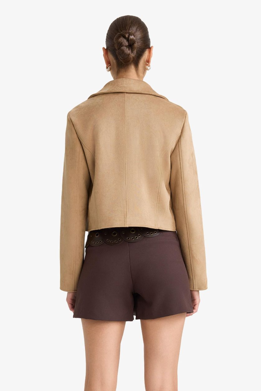 WOMAN Beige Waterproof Regular Fit Polo Neck Zippered Suede Jacket