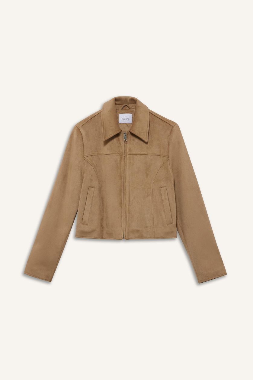 WOMAN Beige Waterproof Regular Fit Polo Neck Zippered Suede Jacket