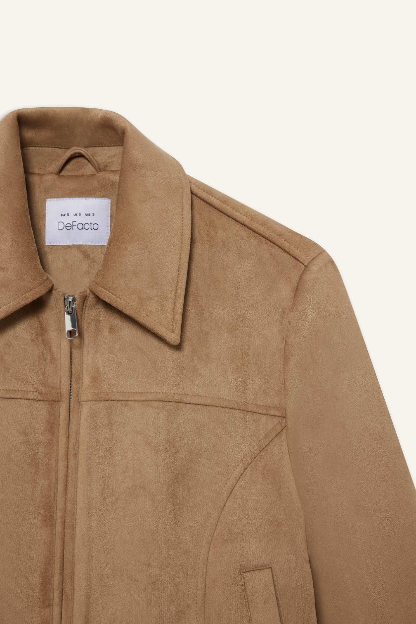 WOMAN Beige Waterproof Regular Fit Polo Neck Zippered Suede Jacket