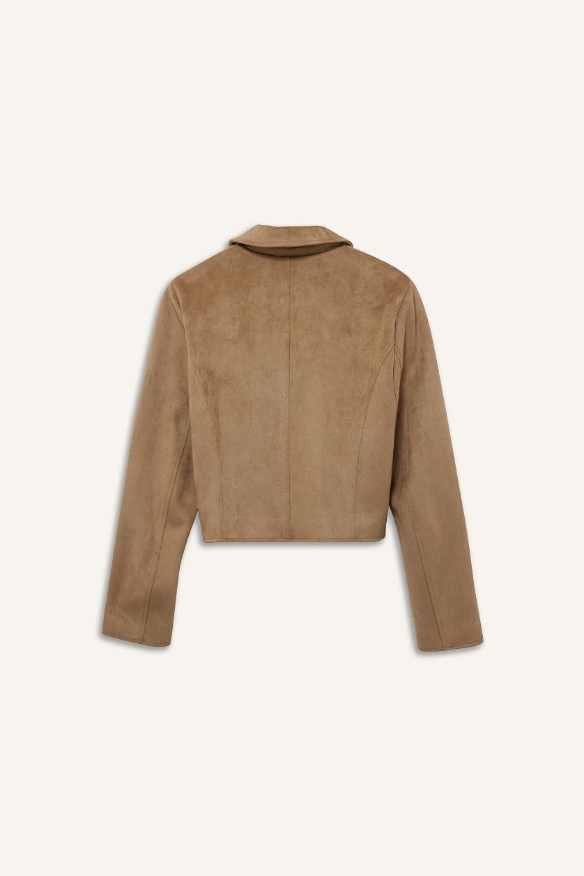 WOMAN Beige Waterproof Regular Fit Polo Neck Zippered Suede Jacket