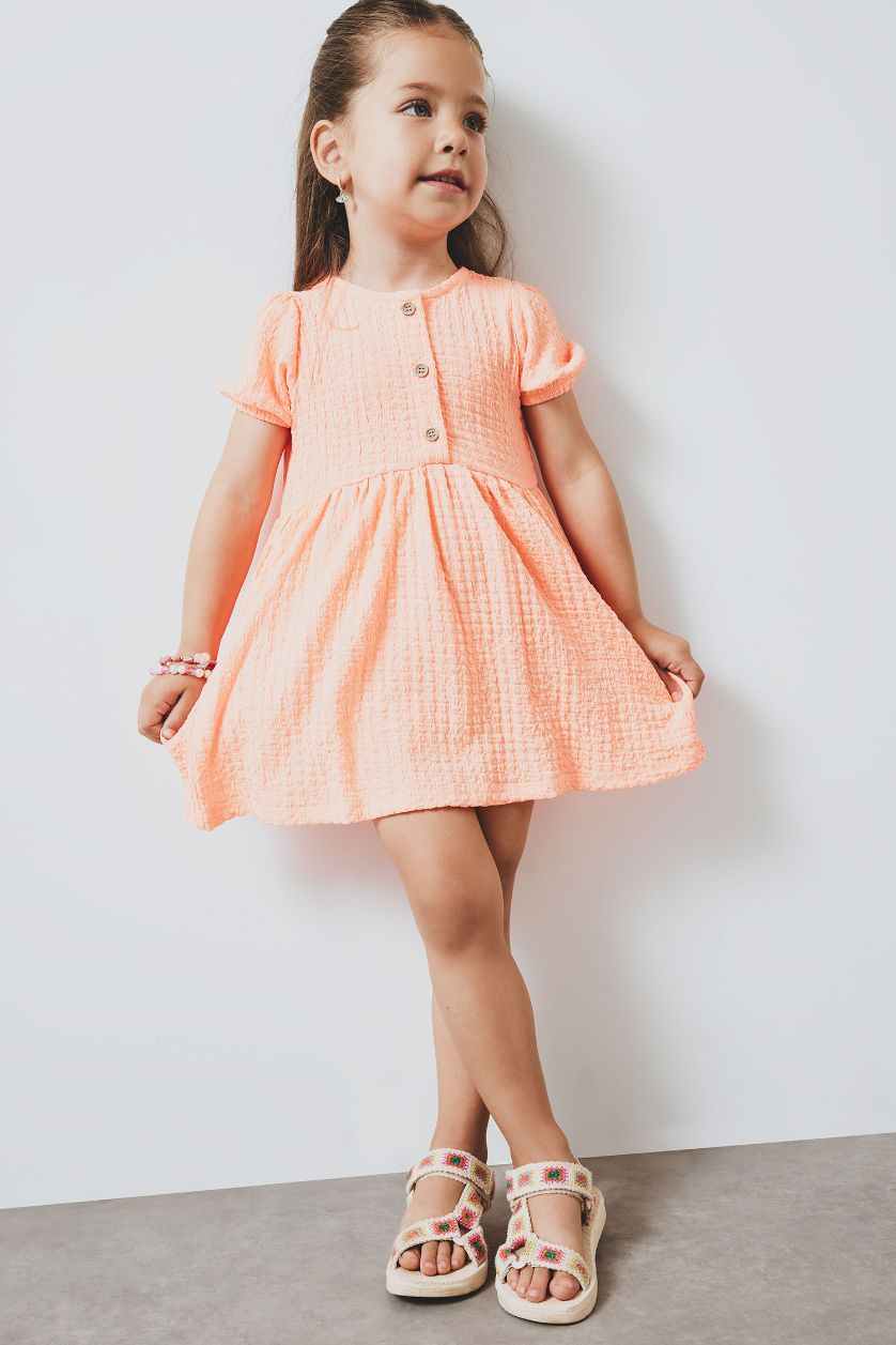 طفلة صغيرة سيموني فستان بيبي بناتي قصة عادية نص كم بياقة مستديرة