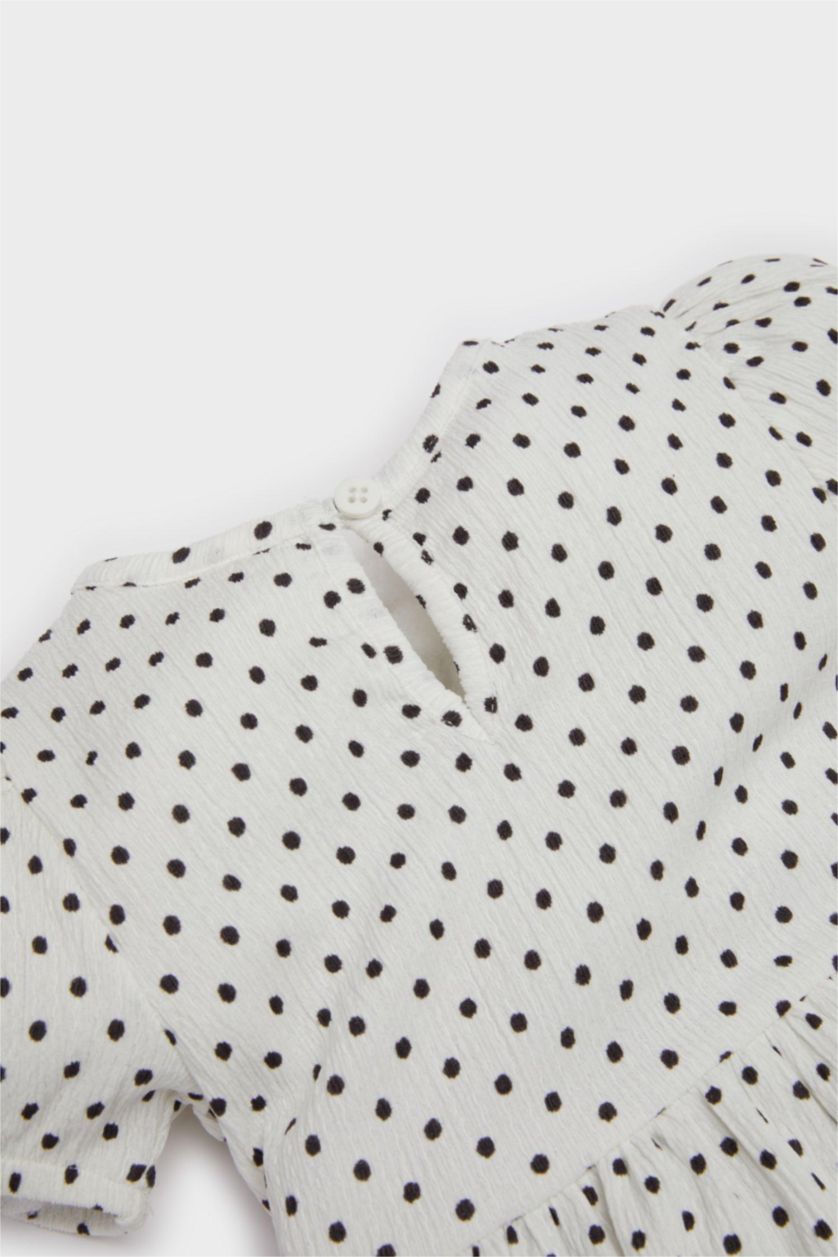 Kız Bebek Ekru Puantiyeli Kısa Kollu Yazlık Elbise Kız Bebek