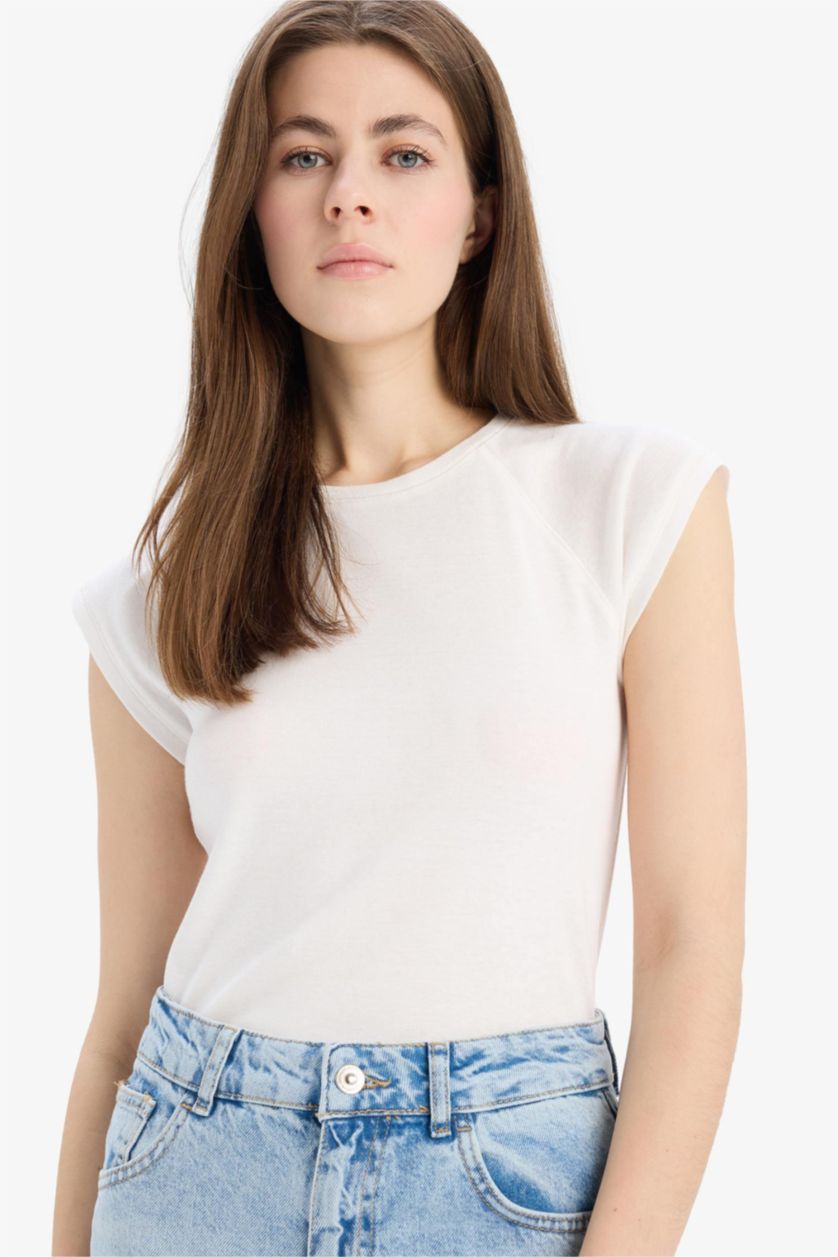 FEMME Écru T-shirt slim basique côtelé à col rond et manches courtes