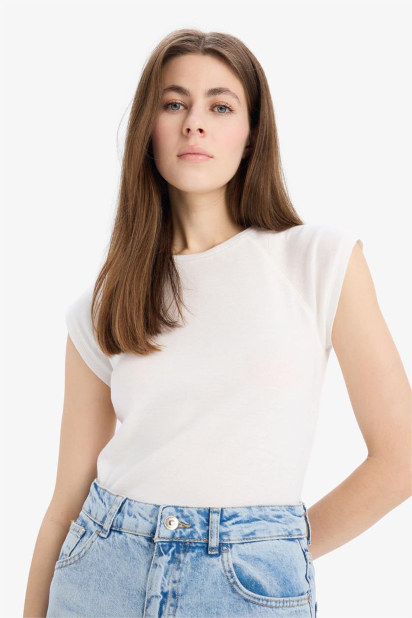 FEMME Écru T-shirt slim basique côtelé à col rond et manches courtes