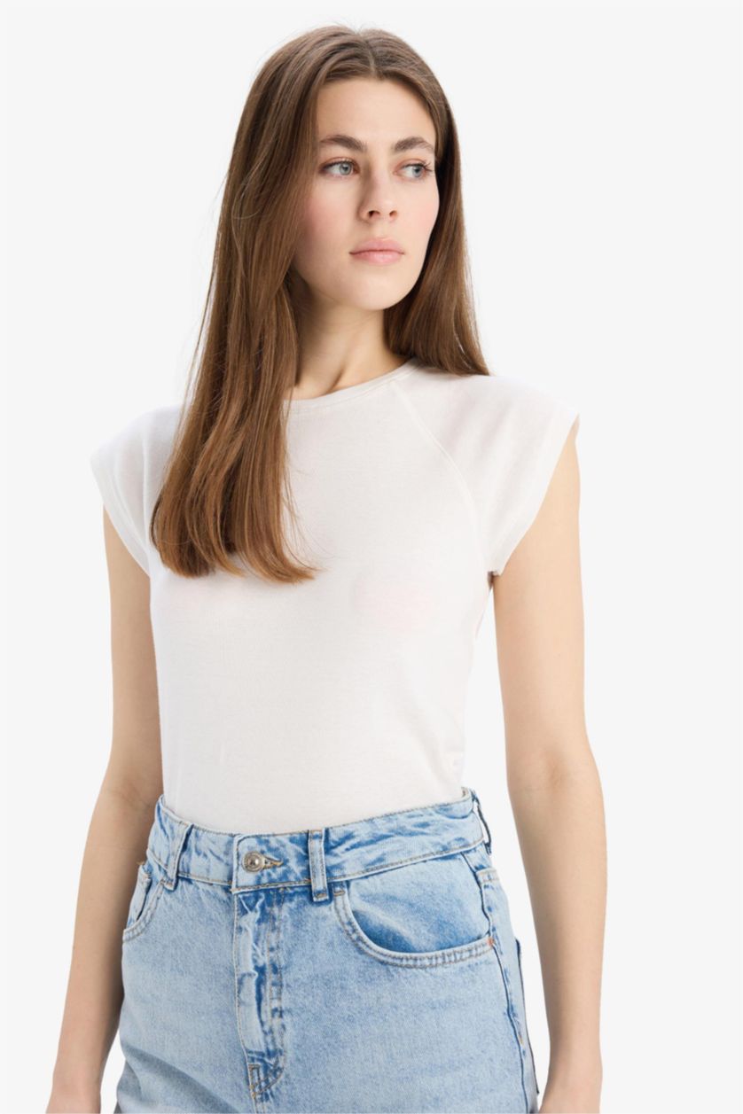 FEMME Écru T-shirt slim basique côtelé à col rond et manches courtes