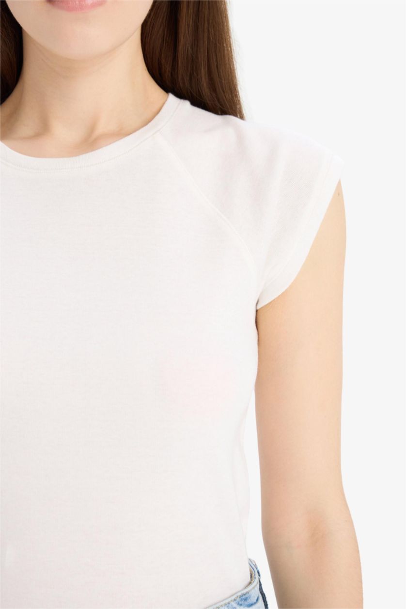 FEMME Écru T-shirt slim basique côtelé à col rond et manches courtes
