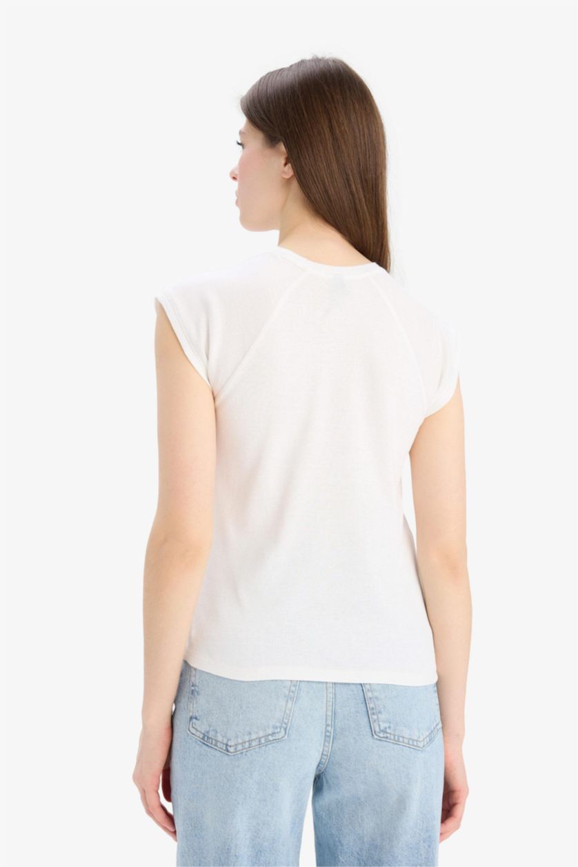 FEMME Écru T-shirt slim basique côtelé à col rond et manches courtes