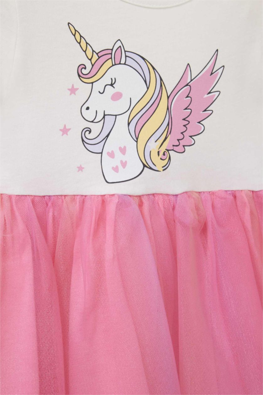Kız Bebek Ekru Unicorn Baskılı Kısa Kollu Yazlık Tül Elbise Kız Bebek
