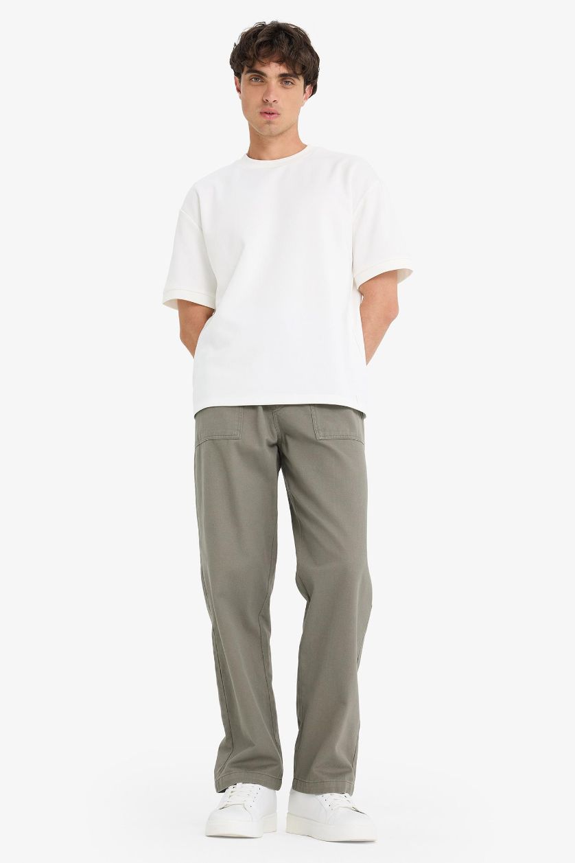 Мужчины Хаки Широкие брюки из габардина с накладными карманами и прямыми штанинами