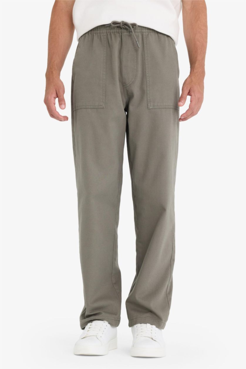 Мужчины Хаки Широкие брюки из габардина с накладными карманами и прямыми штанинами