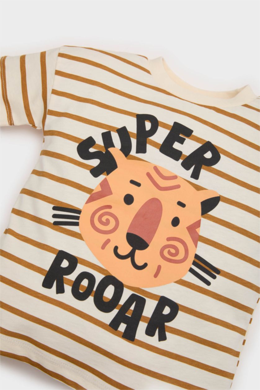 BABY BOY Ecru Baby Boy Striped Printed T-shirt Shorts 2 Piece Set