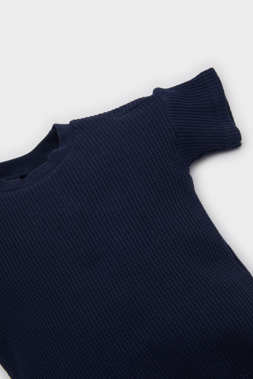 Erkek Bebek Lacivert Waffle 2'li Takım Kısa Kollu Tişört Beli Lastikli Şort Erkek Bebek