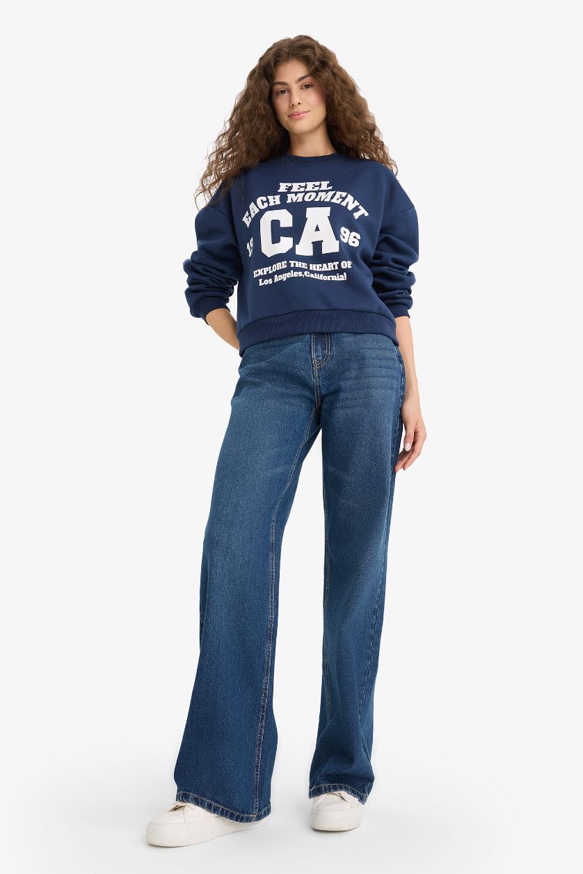 Kadın Lacivert Regular Fit Bisiklet Yaka Baskılı Sweatshirt