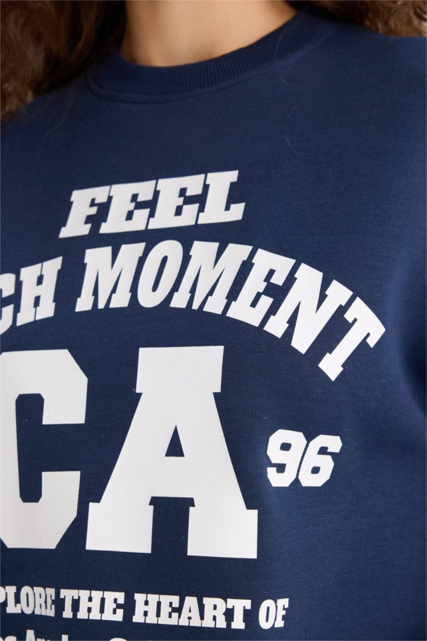 Kadın Lacivert Regular Fit Bisiklet Yaka Baskılı Sweatshirt