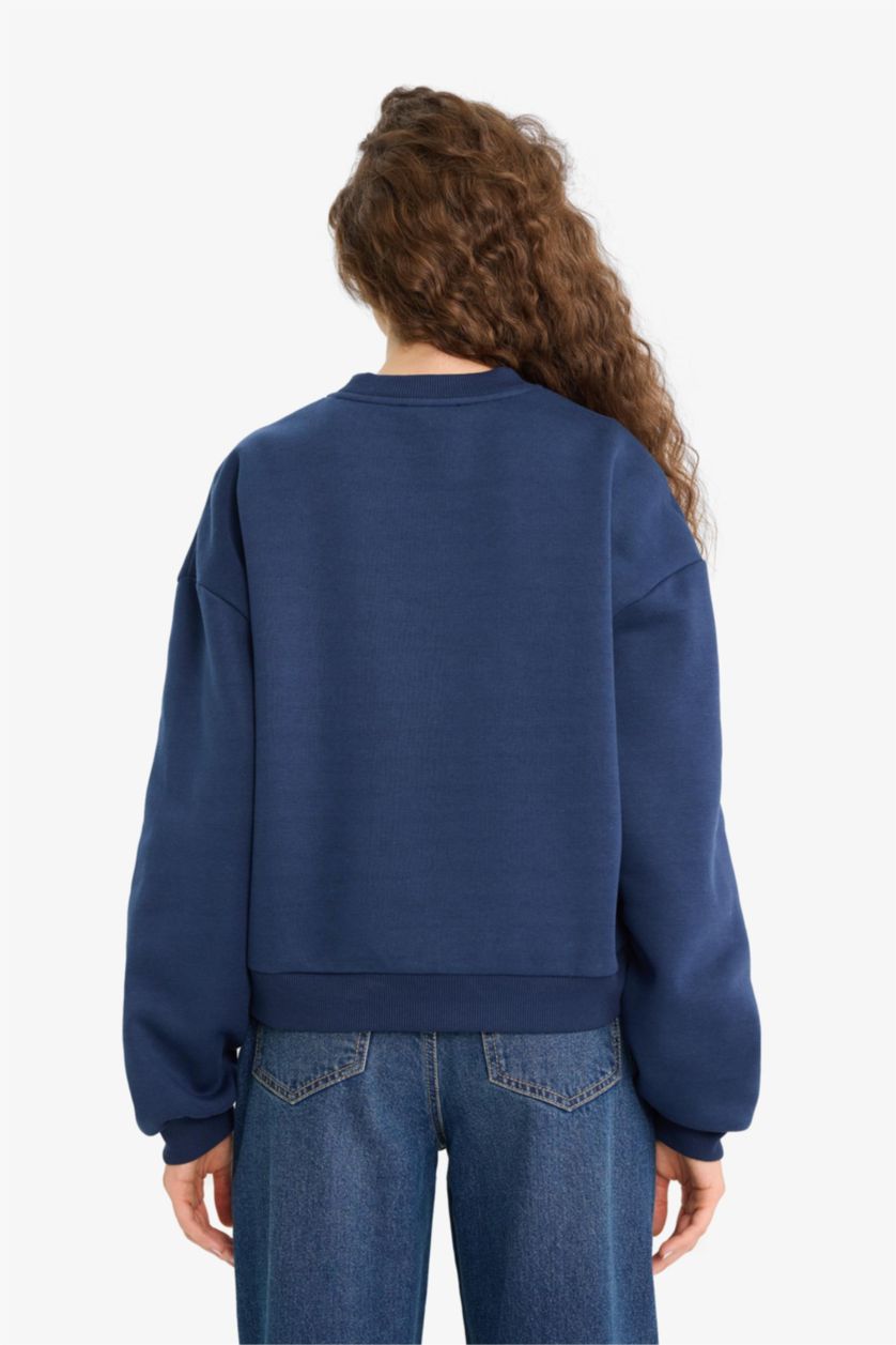 Kadın Lacivert Regular Fit Bisiklet Yaka Baskılı Sweatshirt