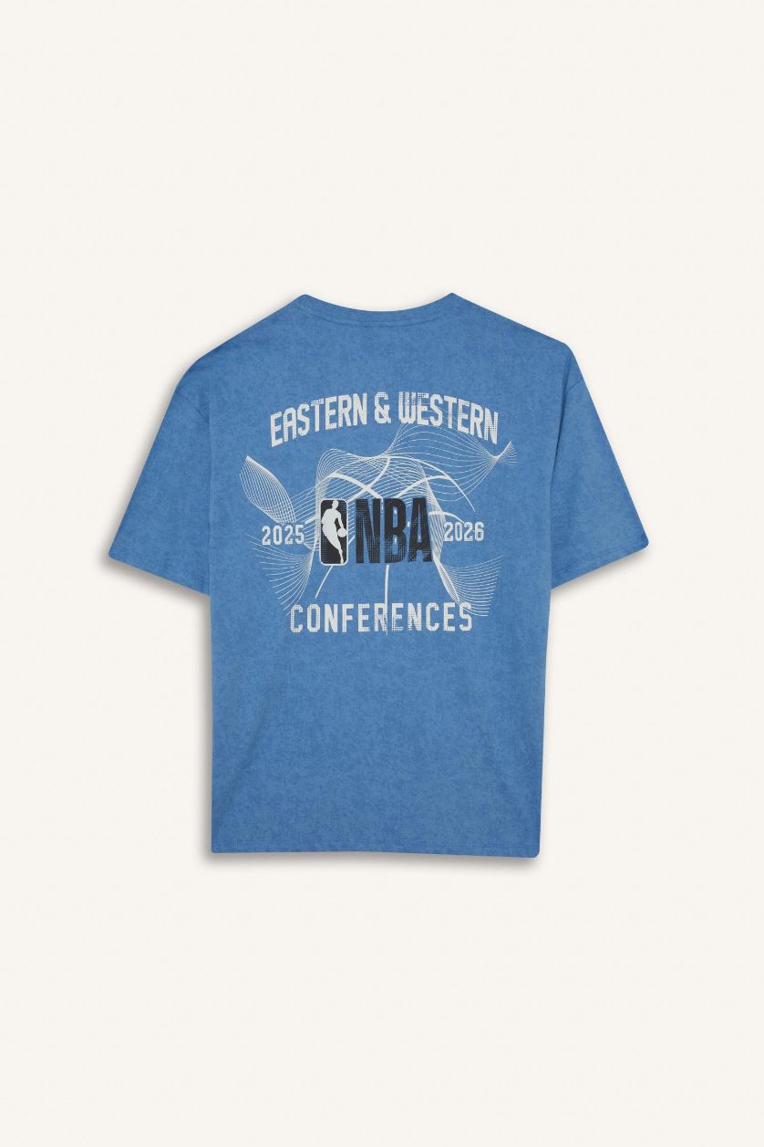 Erkek Mavi %100 Pamuk NBA Wordmark Oversize Geniş Kalıp Bisiklet Yaka Kısa Kollu Tişört