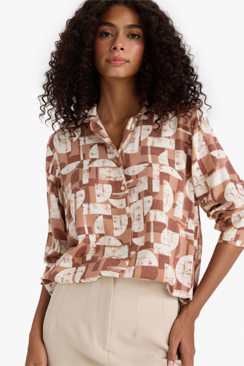 Әйелдерге ашық реңк басып шығарылған жейде мойыны Ұзын Жеңді Туника