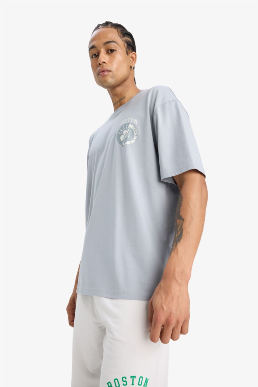 رجالي رمادي تيشيرت نص كم اوفر سايز برقبة مستديرة من بوسطن سيلتكس