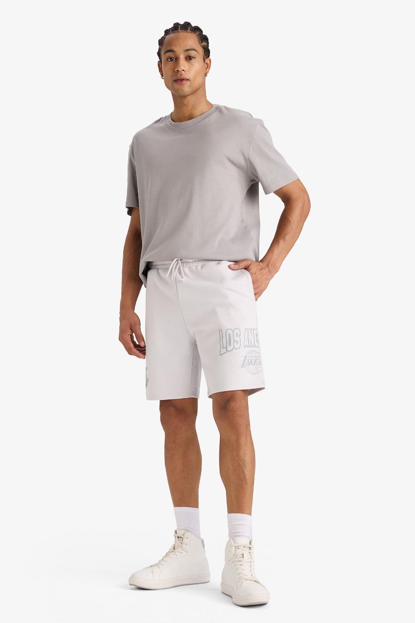 MAN Light Grey DeFactoFit NBA Los Angeles Lakers Standard Fit Scuba Fabric Shorts