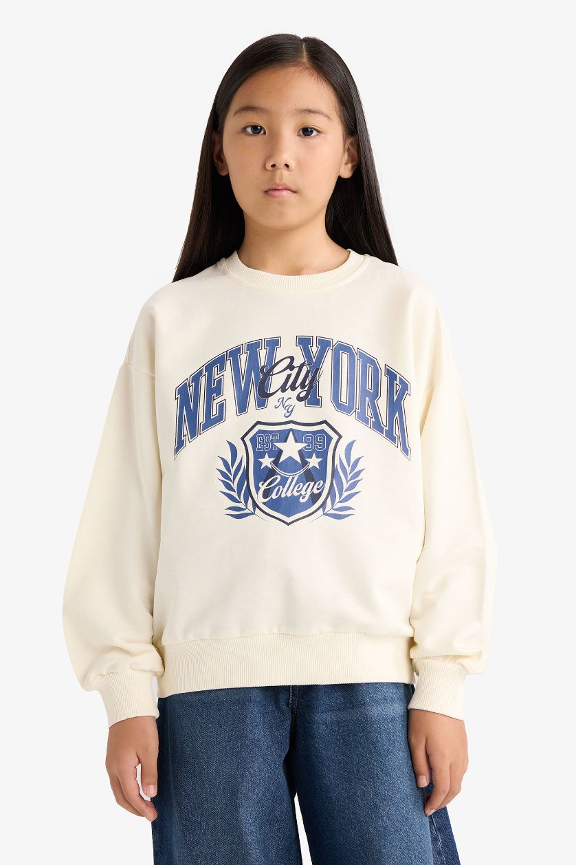 Kız Çocuk - Genç Kız Ekru Relax Fit Bisiklet Yaka Baskılı Sweatshirt Kız Çocuk