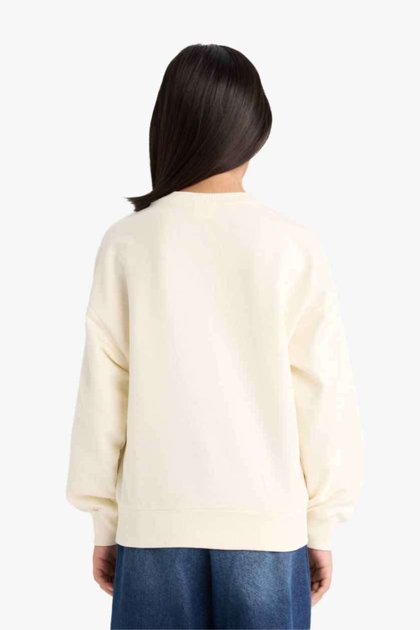 Kız Çocuk - Genç Kız Ekru Relax Fit Bisiklet Yaka Baskılı Sweatshirt Kız Çocuk