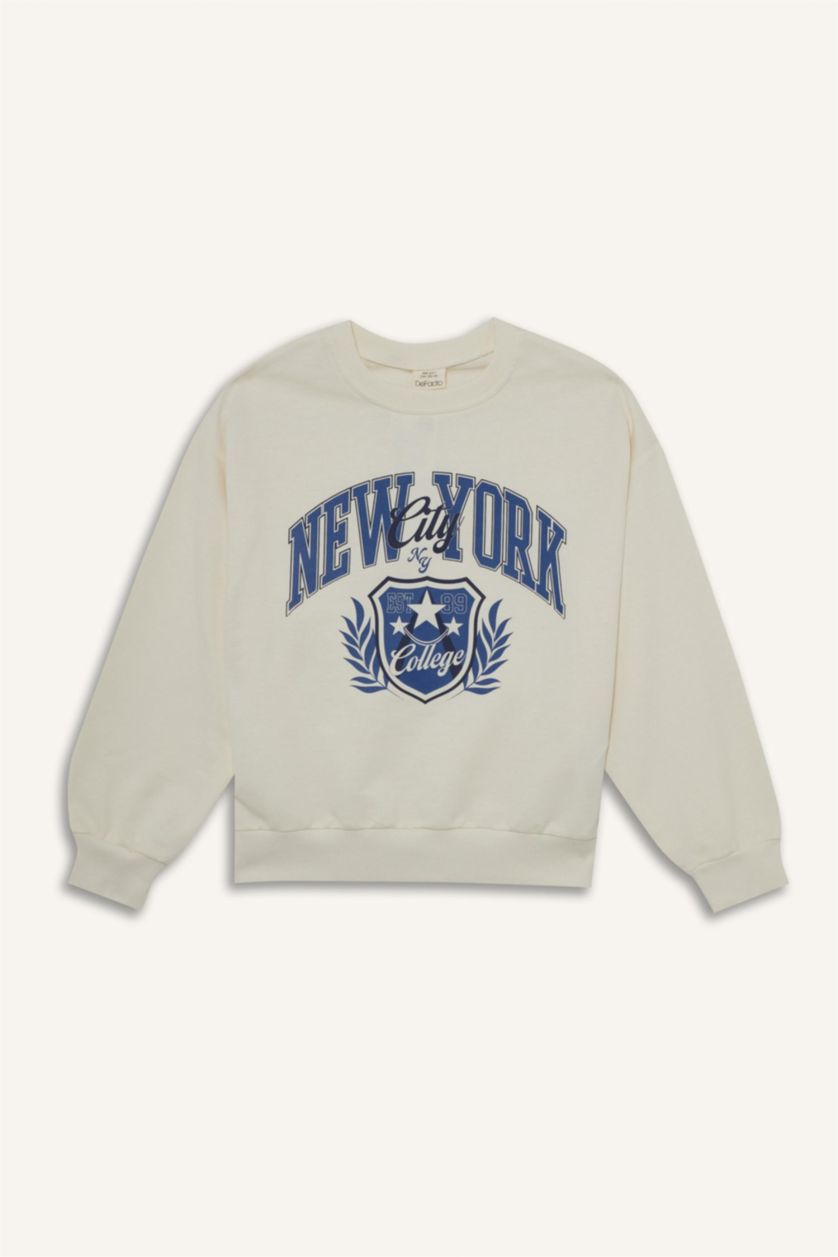 Kız Çocuk - Genç Kız Ekru Relax Fit Bisiklet Yaka Baskılı Sweatshirt Kız Çocuk