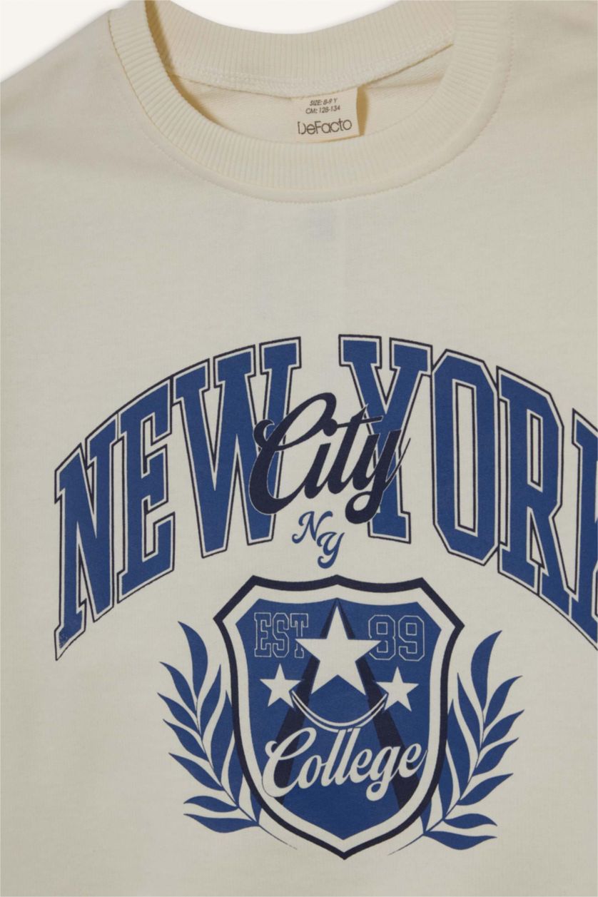 Kız Çocuk - Genç Kız Ekru Relax Fit Bisiklet Yaka Baskılı Sweatshirt Kız Çocuk