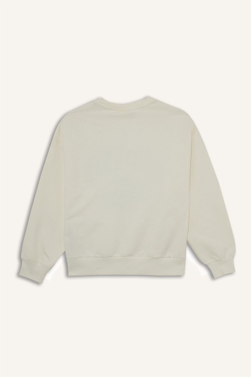 Kız Çocuk - Genç Kız Ekru Relax Fit Bisiklet Yaka Baskılı Sweatshirt Kız Çocuk