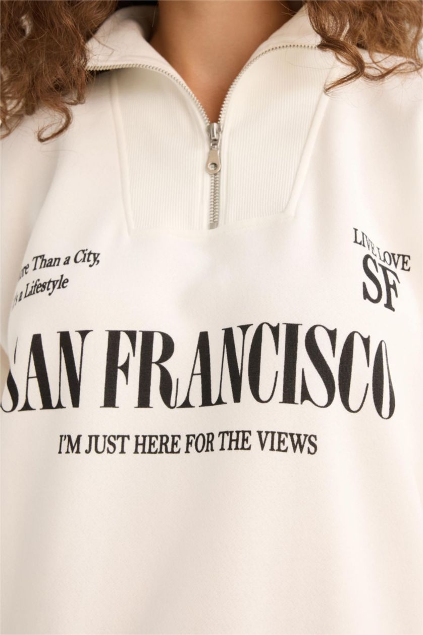 Женщины Кремовый Оверсайз широкий крой с полу-молнией с принтом свитшот