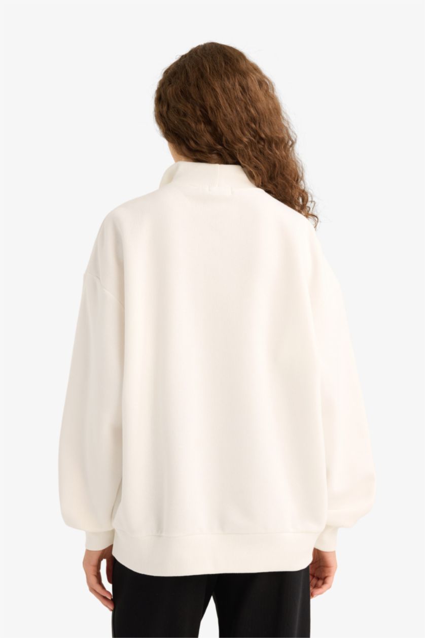 Женщины Кремовый Оверсайз широкий крой с полу-молнией с принтом свитшот