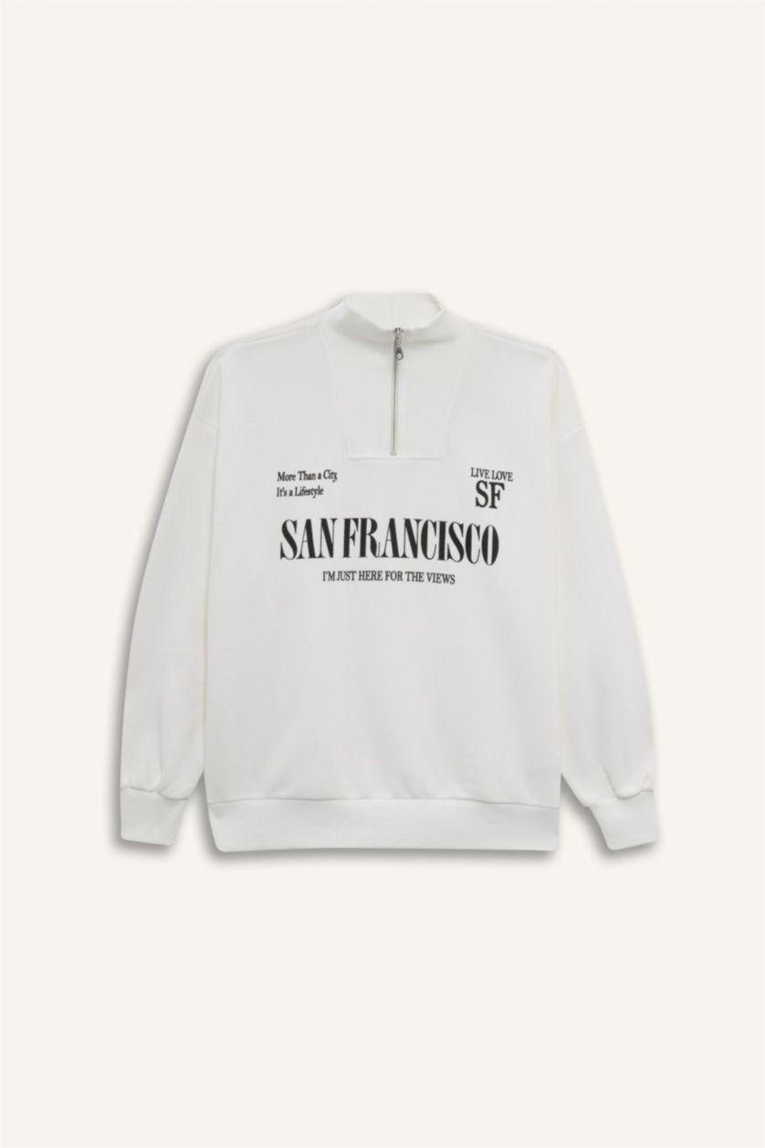 Женщины Кремовый Оверсайз широкий крой с полу-молнией с принтом свитшот