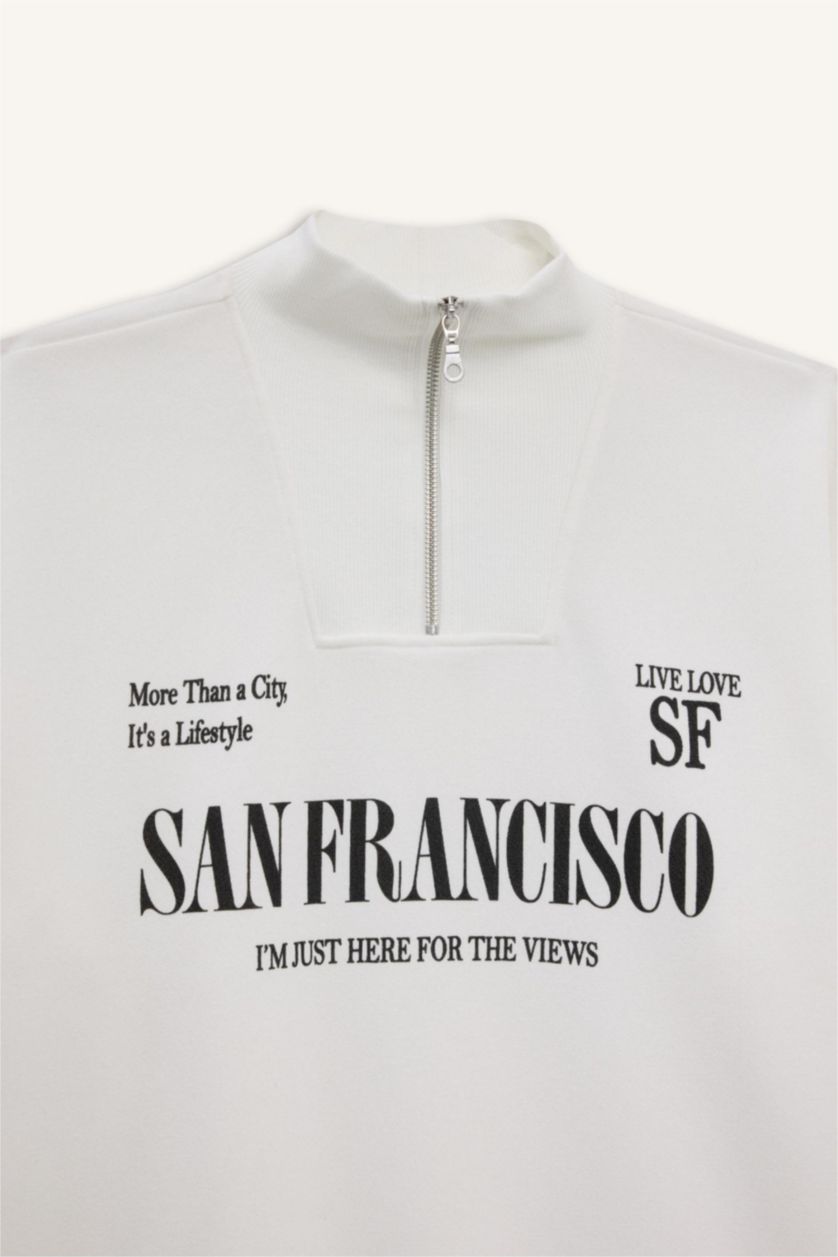 Женщины Кремовый Оверсайз широкий крой с полу-молнией с принтом свитшот