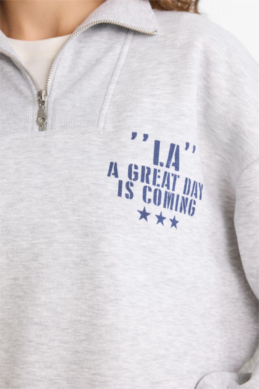 Женщины Серый меланж Оверсайз широкий крой с полу-молнией с принтом свитшот