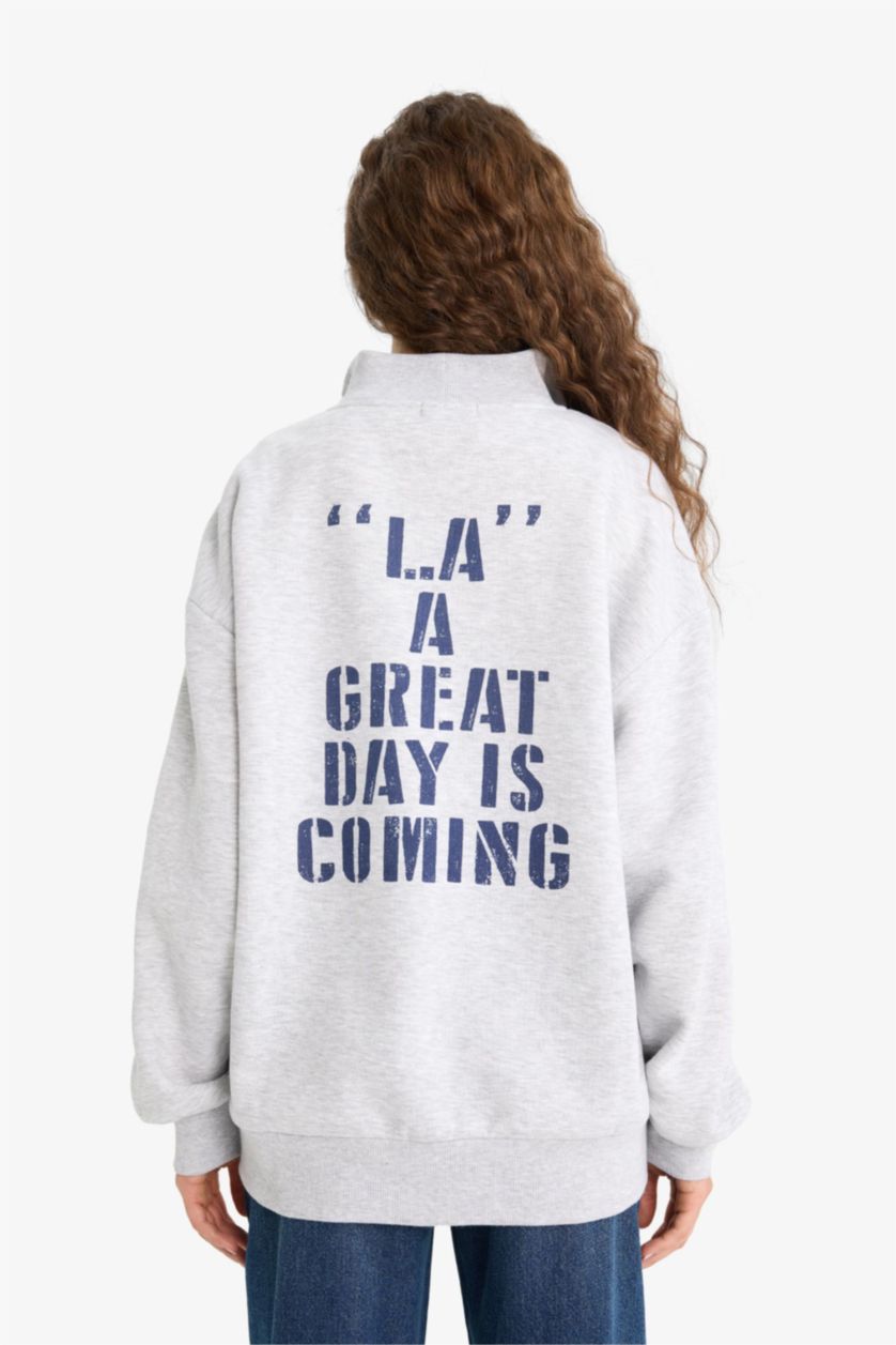 Женщины Серый меланж Оверсайз широкий крой с полу-молнией с принтом свитшот