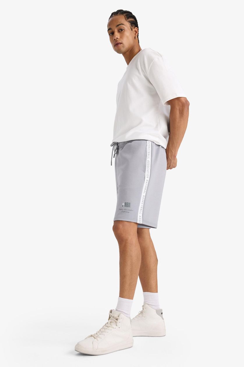 MAN Grey DeFactoFit NBA Wordmark Standard Fit Scuba Fabric Shorts