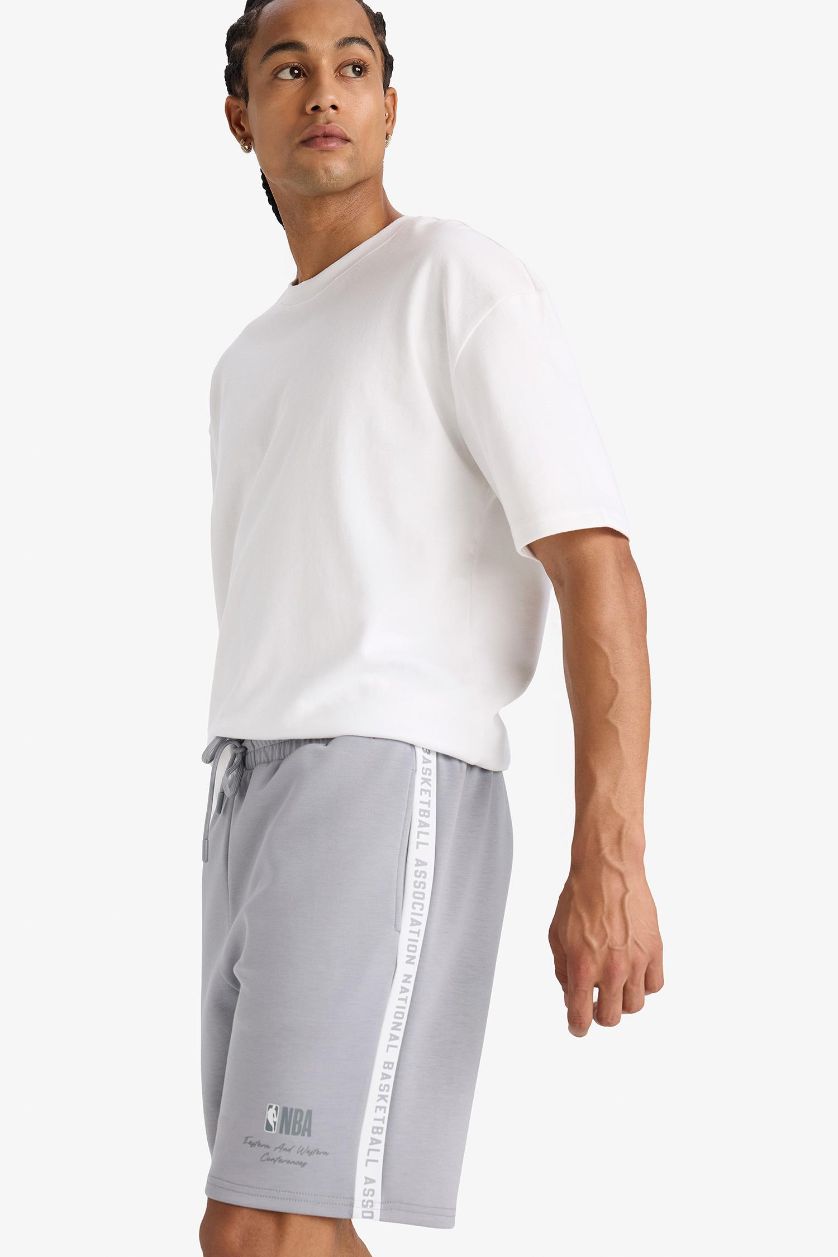 MAN Grey DeFactoFit NBA Wordmark Standard Fit Scuba Fabric Shorts