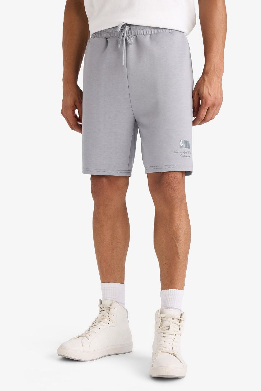 MAN Grey DeFactoFit NBA Wordmark Standard Fit Scuba Fabric Shorts