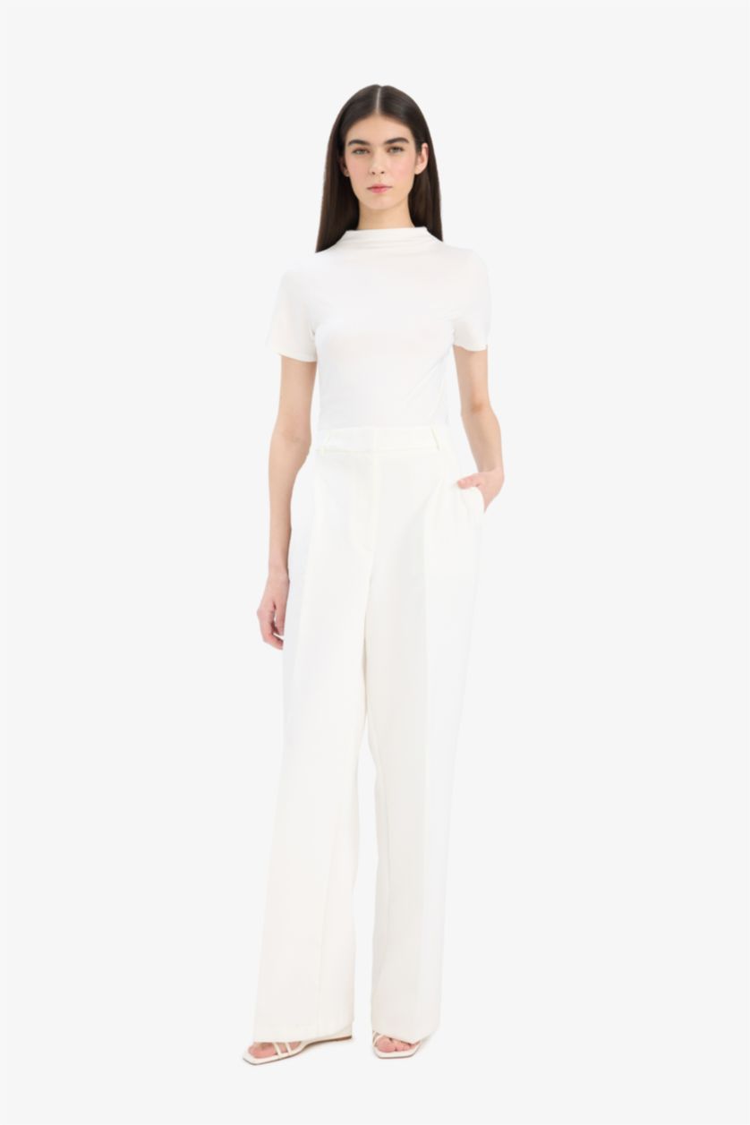 Женщины Бежевый Футболка с круглым вырезом и короткими рукавами, узкого кроя, с рибаной