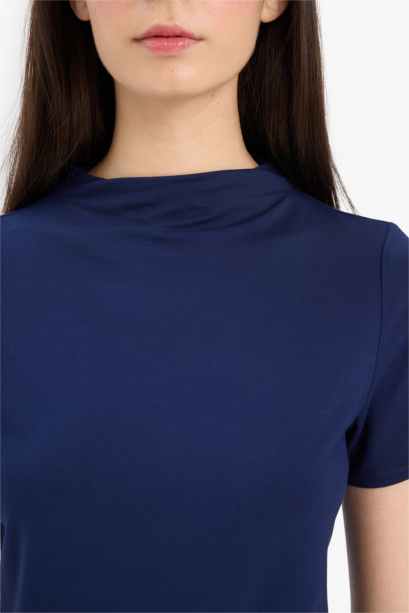 Женщины Синий Узкий крой, лодочный вырез, короткий рукав, рубчатая фактура, футболка